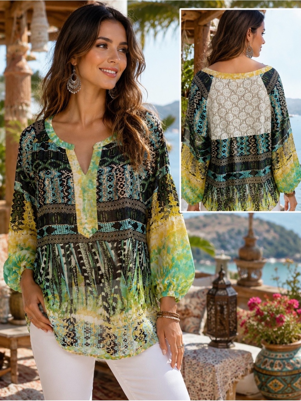 Fig and Flower semi sheer Boho top with lace insert